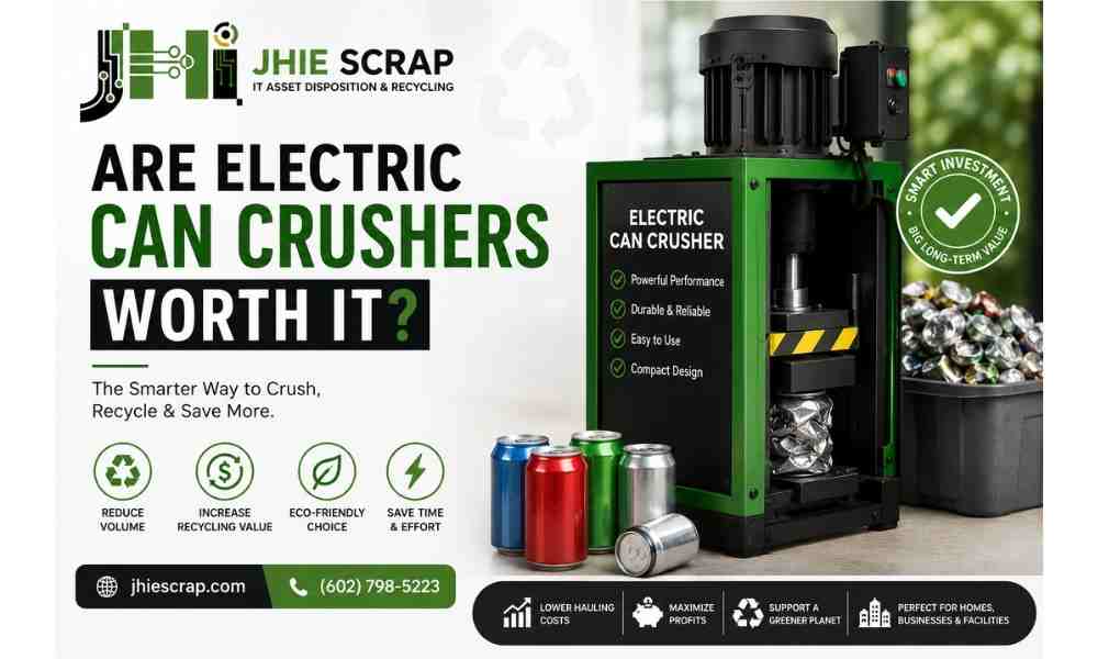 Electric can crusher with crushed aluminum cans for recycling and waste reduction